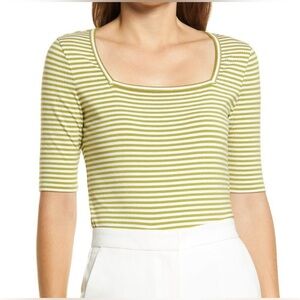 NWT Halogen Women’s Striped Print Square Neck Top Yellow & White Sz XS